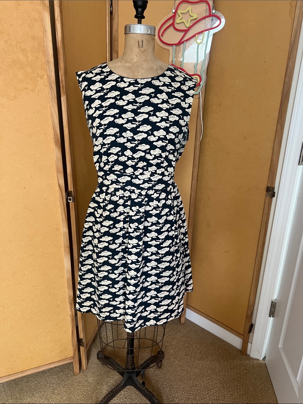 Navy and White Cloud-Print Sleeveless Fit & Flare Mini Dress